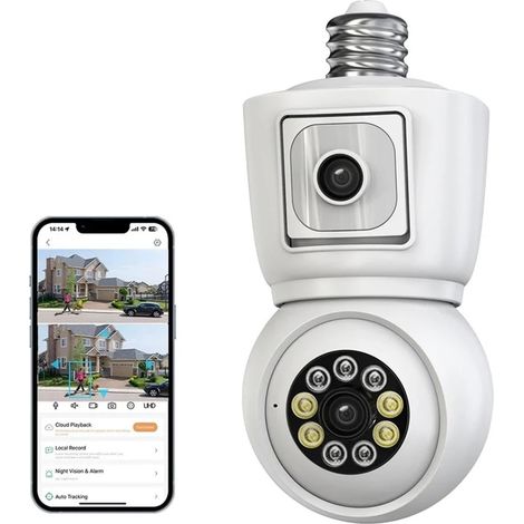 Caméra WiFi 2MP, Ampoule E27, Double Objectif, Double écran, Suivi Automatique, Audio bidirectionnel, Vision Nocturne Couleur, caméra de sécurité extérieure(Only Camera) (1/5)