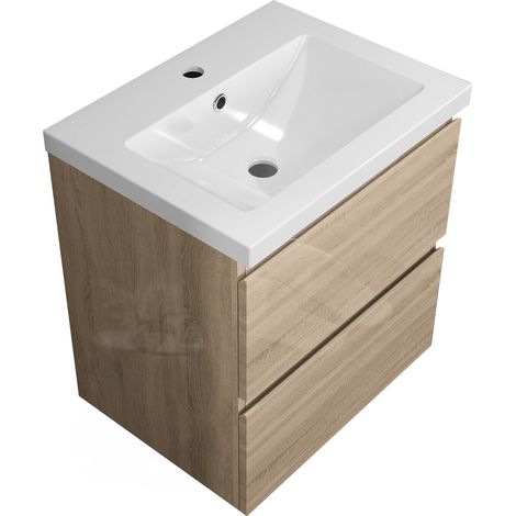 Acezanble Gloss Oak 500mm Wall Hung Bathroom Vanity Unit with Ceramice Basin 2 Drawers