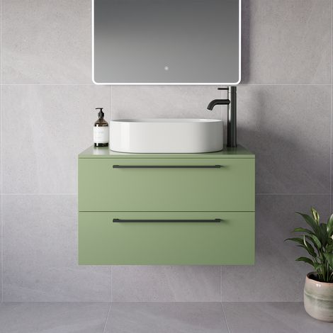 Napoli 460 Olive Green 800mm Wall Mounted 2 Drawer Vanity Unit for Countertop Basins - 800mm - Gunmetal Grey 480mm Handle