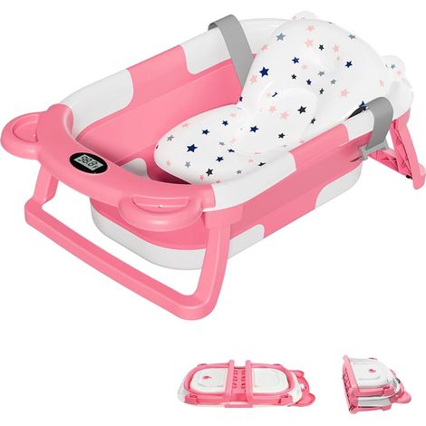 Bañera para bebé, diseño plegable, termómetro incorporado, rosa. (1/2)