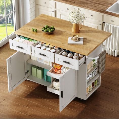 MEUBLIV Îlot de cuisine 120 x 70 x 84 cm naturel et blanc – plan rabattable mobile (1/5)