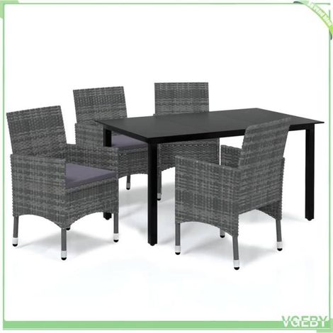 Ensemble à manger de jardin - FAFEICY - 3094981 - Résine tressée gris - Table verre noir mat - Coussins rembourrés 4 cm (1/5)
