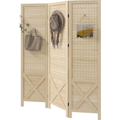 Paravent perforé en bois naturel à trois panneaux pliables, dimensions 114 x 1,7 x 144,5 cm, séparateur d’espace aéré et décoratif (1/4)
