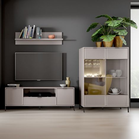 Wohnwand Kaschmir beige LAURO-161 modern mit Rillenoptik 3-teilig (1/5)