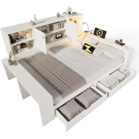 Lit de rangement 140x200 cm blanc – lit banquette avec tiroirs et espace de rangement, lit en bois avec doubles portes et ports USB/USB-C – lit double gain de place et lit jeunesse (sans matelas) (1/5)