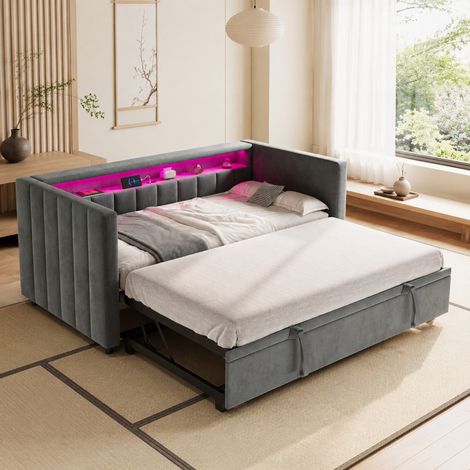 Multifunktionales Schlafsofa 90x190 cm mit ausziehbarem Bett, USB-Type-C-Anschluss, LED-Ambiente, Samtbezug & Stauraum – Stilvolles Design für Wohnzimmer, Gästezimmer oder Jugendzimmer. Gray (1/5)