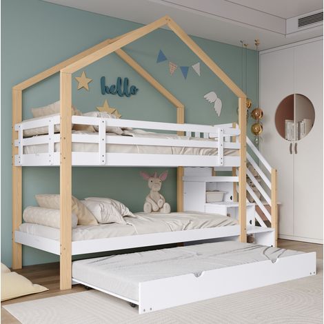 Litera infantil de madera y MDF 255x95,5x223,5 cm, blanca, sin colchón – MEUBLIV (1/5)