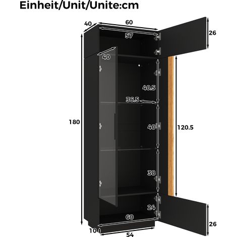 Vitrine, armoire haute avec porte vitrée, vitrine en verre avec bande lumineuse LED, meuble de salon, meuble rangement avec portes (1/5)