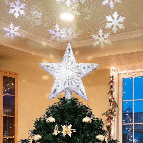 Adorno Para Árbol De Navidad Estrella Poinsettia Con Proyector Led Ajustable Efecto Copo De Nieve Plata (1/5)