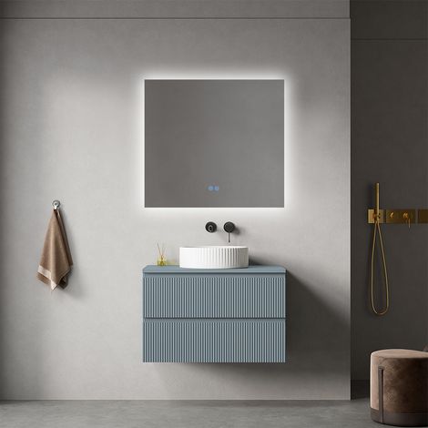 Mobile bagno sospeso cannettato 80 cm Blu Avio per Lavabo d'appoggio Specchio Quadro Retroilluminato - Fiji Paint Top Canneté (1/4)