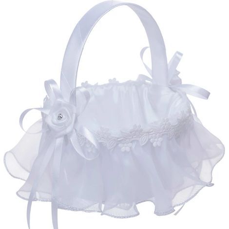 Panier Blanc de Fille de Fleur, Paniers Romantiques Portatifs de Tissu de Satin avec la Poignée Décor de Partie de Mariage DIY (220418CY29-1) (1/5)