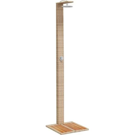 Cabine de douche extérieure beige, dimensions 50x55x224 cm, en résine tissée de bois d'acacia. (1/5)