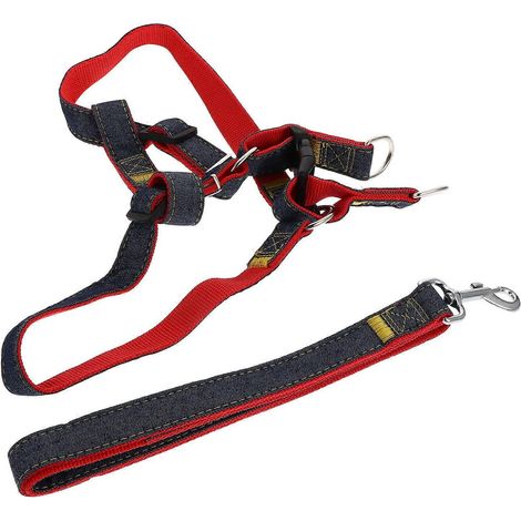 Arnés para mascotas, arnés para perros, arnés ajustable con cuerda de tracción, 1 juego, chaleco de mezclilla rojo (1/5)