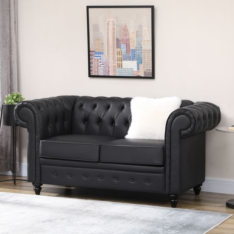 Canapé 2 places style Chesterfield en similicuir avec coussin amovible. 160 x 84 x 80 cm. Noir
