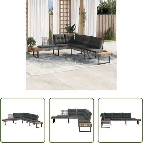 L-Form - Gartensofa in L-Form mit Kissen Grau Poly Rattan und Akazie (1/5)