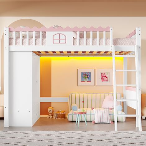 Lit mezzanine avec bureau 90x200cm, lit enfant avec armoire et tiroirs, cadre de lit en pin, sommier à lattes, bande lumineuse LED, certifié EN747, pin, Blanc (1/5)