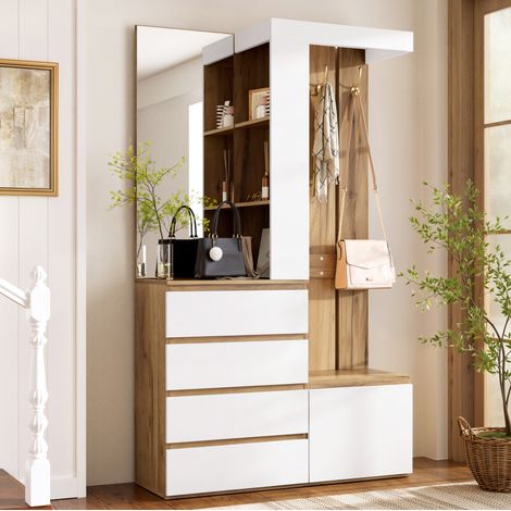 MODFU – Set de vestidor 100x35x180 cm de paneles con espejo, 4 cajones, puerta, ganchos, compartimento, carga 50 kg y antivuelco – Blanco y natural (1/5)