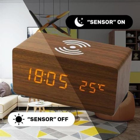 Couleur bambou - Réveil Numérique LED en Bois avec Affichage de la Date, Chargeur à Induction, Tapis de Charg (1/4)