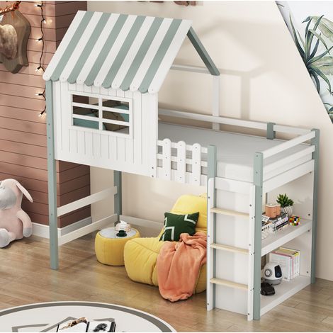 lit enfant cabane 90 200 bois massif vert rangement OKMYHOME (1/5)