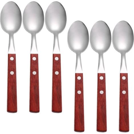 Lot de 6 Cuillères à Glace en Acier Inoxydable Manche Bois Rouge (1/5)
