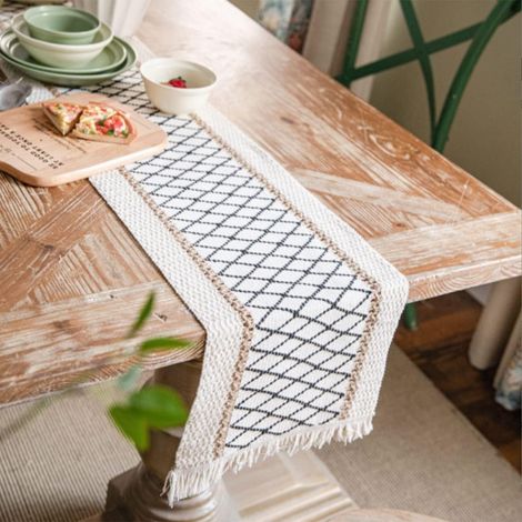 Chemin de table bohème en coton et lin avec pompons pour décoration de table rustique pour maison et salle à manger (noir/grille, 30 x 220 cm) (1/5)