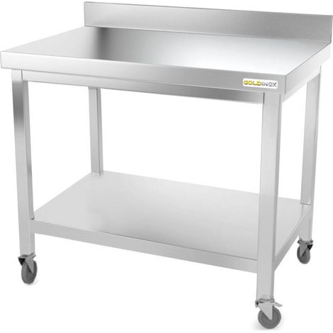 Table de travail en inox 1200 x 600 mm adossée sur roulettes PREMIUM - GOLDINOX (1/4)
