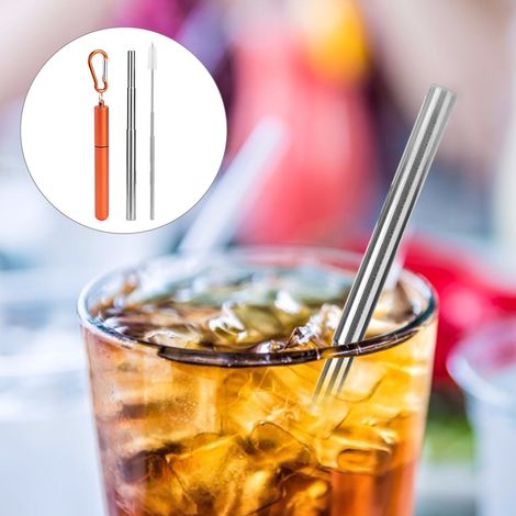 Tragbares Edelstahl-Einziehstrohhalm-Reinigungsset mit wiederverwendbarer Strohhalmbürste für Picknicks (Orange) (1/5)