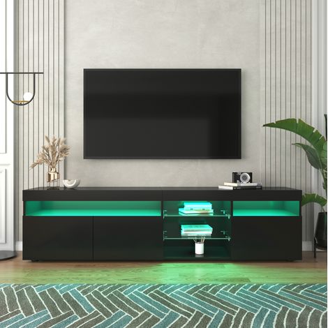 TV-Schrank MDF Schwarz 180 x 35 x 48 cm, Hochglanz mit Glaseinsatz, 3 Türen, LED-Beleuchtung (1/5)