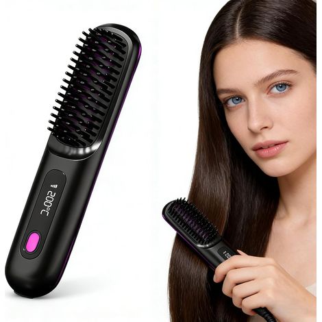 Lisseur de cheveux sans fil - recharge USB - chauffe rapide - affichage numérique - brosse peigne - pour tous types de cheveux (1/5)