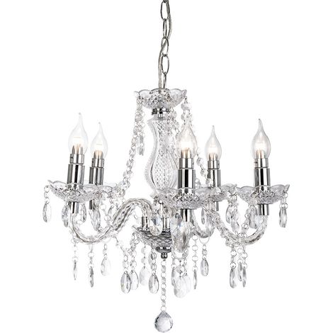 Lampadario lampada a sospensione lampada da soggiorno lampada da tavolo da pranzo Lustre 5 fiamme, metallo cromato, cristalli acrilici trasparenti, 5x E14, DxH 45 x 150 cm (1/5)