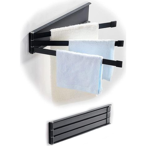 Porte-serviettes mural à 3 bras pivotants, support pour torchons et essuie-mains, organisateur de rangement, barre porte-serviettes pivotante (noir)