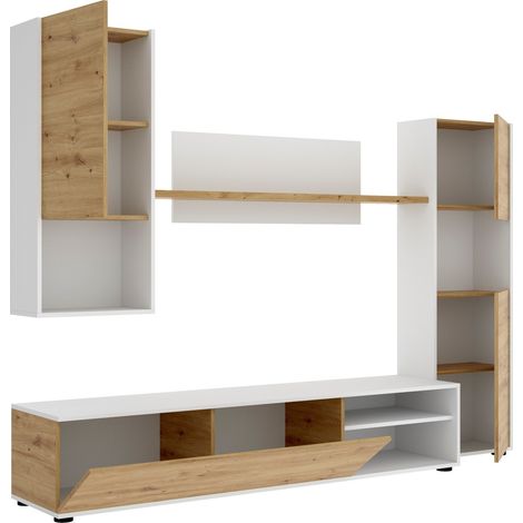 Dmora - Parete attrezzata Artex, Set da soggiorno porta TV, Mobile salotto multiuso, 220x41h180 cm, Rovere Nodi e Bianco