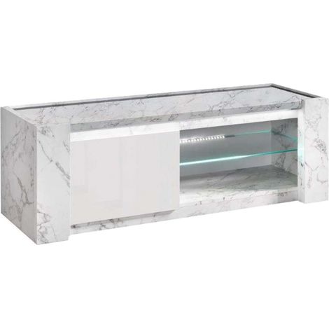 PRAVA - Meuble TV 1 Porte 150cm Laqué Blanc et Effet Marbre avec Leds (1/4)