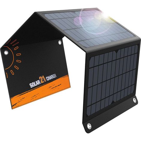 21-W-Solarladegerät mit 2 USB-Anschlüssen und 3 faltbaren Solarzellen, hoher Umwandlungsfaktor (max. 5 V/5 A), kompatibel mit iPhone, Samsung und anderen USB-Geräten. (1/5)