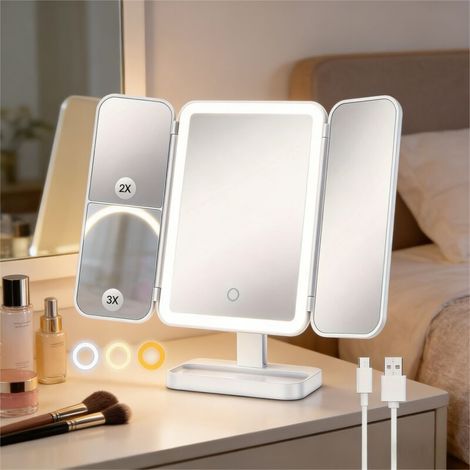Miroir de maquillage pliable à LED avec miroir grossissant, rotatif et éclairage du visage  convient aux coiffeuses et aux salles de bains. (1/5)