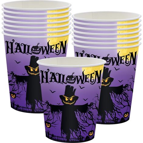 250ml Épouvantail Violet Joyeux Halloween Vaisselle Kit – 32 Gobelets en Papier Halloween Violet éco (1/2)