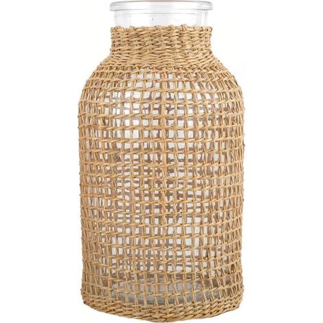 Vase Verre - Couvercle Rotin - Style Champêtre - Pour Fleurs Fraîches ou Séchées - Lot de 3 (1/5)