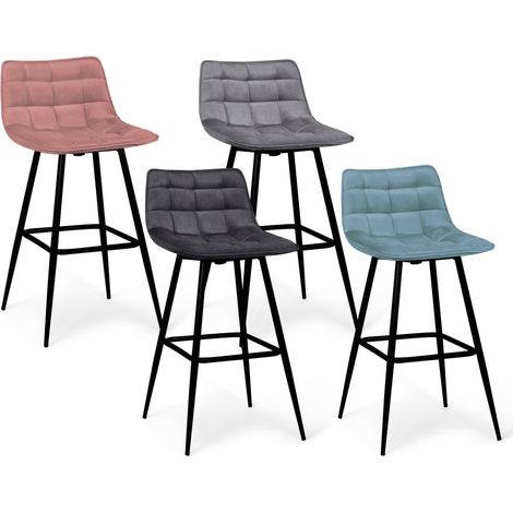 Idmarket – Lot de 4 tabourets de bar en velours – Coloris pastel bleu, gris clair, gris foncé, rose – Hauteur 90,5 cm – Assise 65 cm