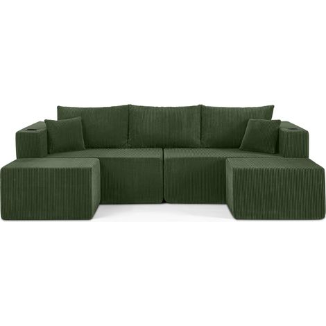 Divano angolare modulare 3 posti in velluto a coste verde con pouf mobili (1/5)