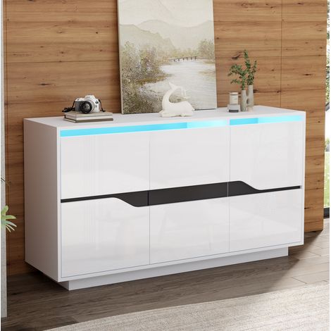 Buffet 140x40x70 cm blanc et noir en panneaux de particules avec LED, 3 portes et étagères réglables (1/5)