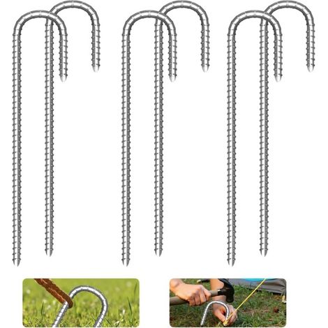 6 Pièces Piquets de Sol en Forme de J, Piquets de Tente en Acier Galvanisé 30cm, Sardines Camping, Crochets en J, Résistant Piquet Fixation Sol pour Tente de Camping Balançoire Auvents de Trampoline