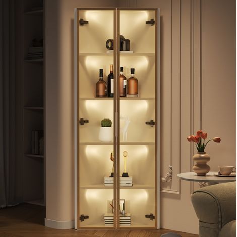 Vitrine d'angle en verre avec LED 62 x 35 x 160 cm, MDF blanc, portes soft-close DESVIAE (1/5)
