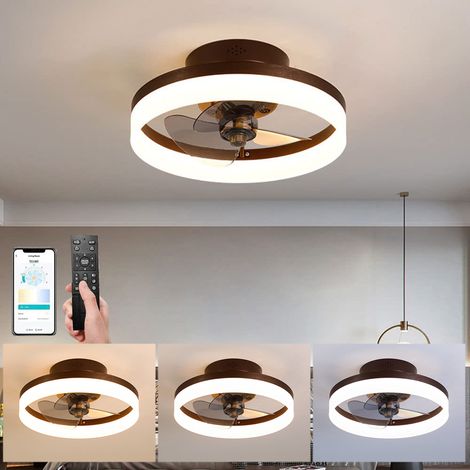 Ventilateurs de plafond à profil bas de 45 cm avec lumières et télécommande, ventilateur de plafond à intensité variable, montage encastré, marron