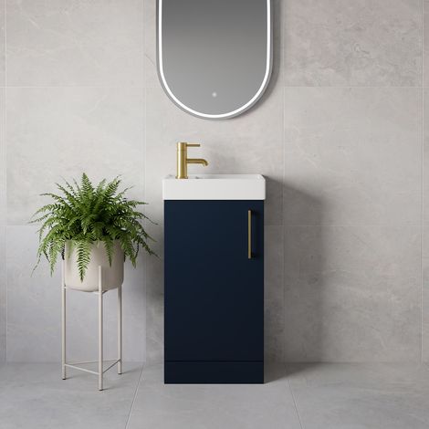 Napoli Cube Deep Blue 400mm Single Door Vanity Unit with Align Basin - 400mm - Brushed Brass 160mm Handle