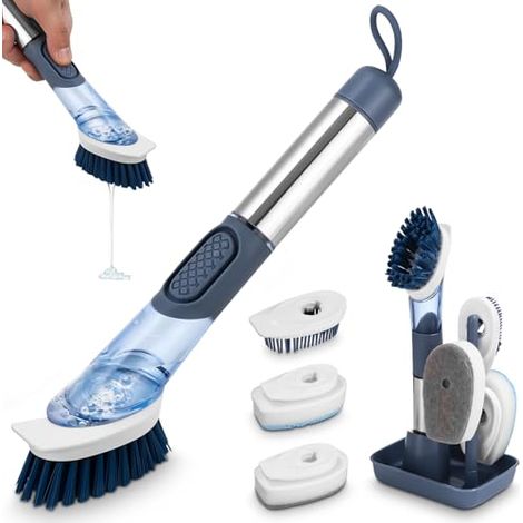 [NIE BENUTZT]27 cm Spülbürsten-Set mit 4 Ersatzköpfen und Halter, Reinigungsbürste mit Seifenspender, Küchenspülbürste zum Reinigen von Geschirr, Töpfen, Pfannen und Spülbecken (1/5)