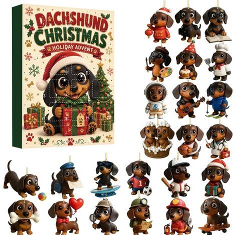Dackel-Adventskalender, Überraschungsbox, Acryl-Welpenanhänger, Weihnachtsbaumschmuck, Geschenkbox (Typ B)