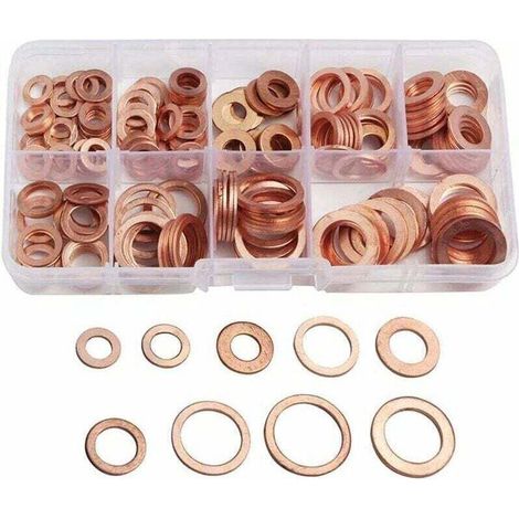 200pcs Rondelle Flat en Cuivre Ring Métriques Coffret de Rondelle Joint Assortiment 9 Tailles M5-M14 Avec Boîte Joint de Bouchon de Puisard Huile Outil Accessoires (1/4)