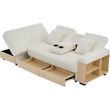 GagaCanapé-lit beige 217 cm Chenille, rangement, dossiers réglables (1/5)