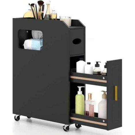 Gain de Place Meuble Salle de Bain Étroit 16 cm Rangement avec Tiroir Coulissant et Roulettes pour Petits Espaces WC Noir (1/5)