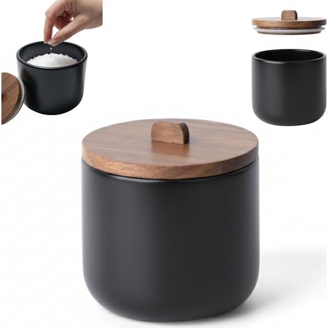 1 - Pot à Sel - Boîte Hermétique - Couvercle en Bois d&39Acacia - Rangement pour Sucre et Épices - Design Nordique - Noir Mat - 11,5x12 cm